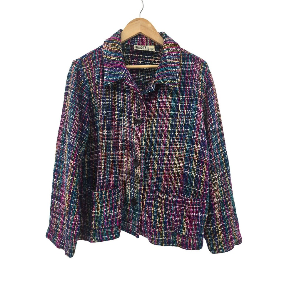 Chico's Design Silk Jacket Womens 2 Vintage Multicolor Plaid‎ Button EUC